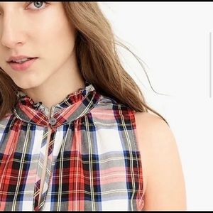 J. Crew Holiday Ready Red & White Tartan Plaid Ruffle Neck Sleeveless Blouse